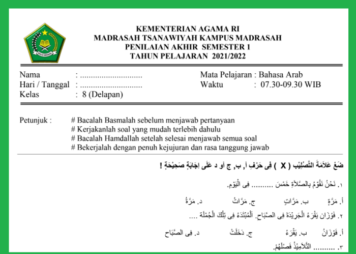 Soal PAS Bahasa Arab kelas 8 Semester 1 Beserta Jawabannya Tahun 2021/