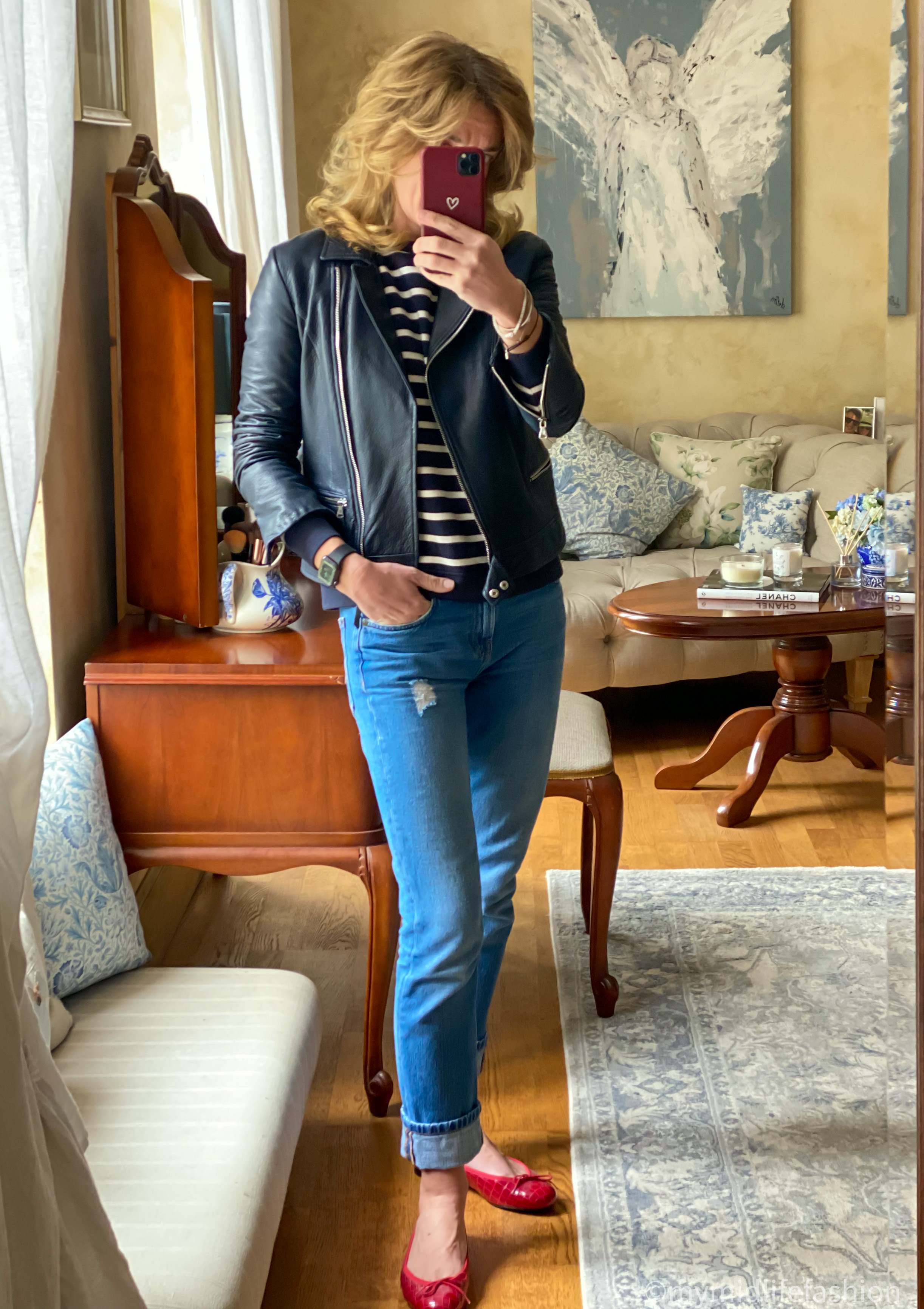 my midlife fashion, Massimo dutti leather biker jacket, baukjen stripe sweatshirt, no44 boyfriend jean, French sole mid croc Henrietta ballet pumps