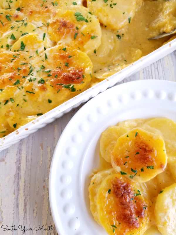 Super Easy Cheesy Scalloped Potatoes! A quick and easy potato casserole recipe that combines both Scalloped and Au Gratin recipes for a creamy, cheesy potato bake that comes together in minutes!