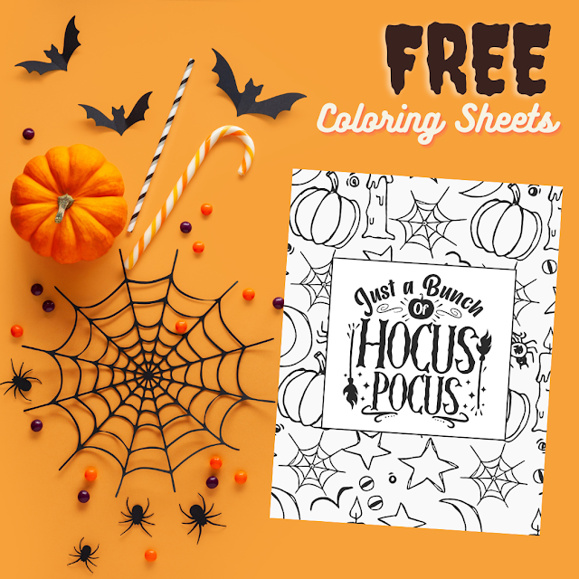 Free Halloween Coloring Printable Sheets Home Decor (Witches, ghosts, brooms, spider webs, bats) for kids, tweens, and adults