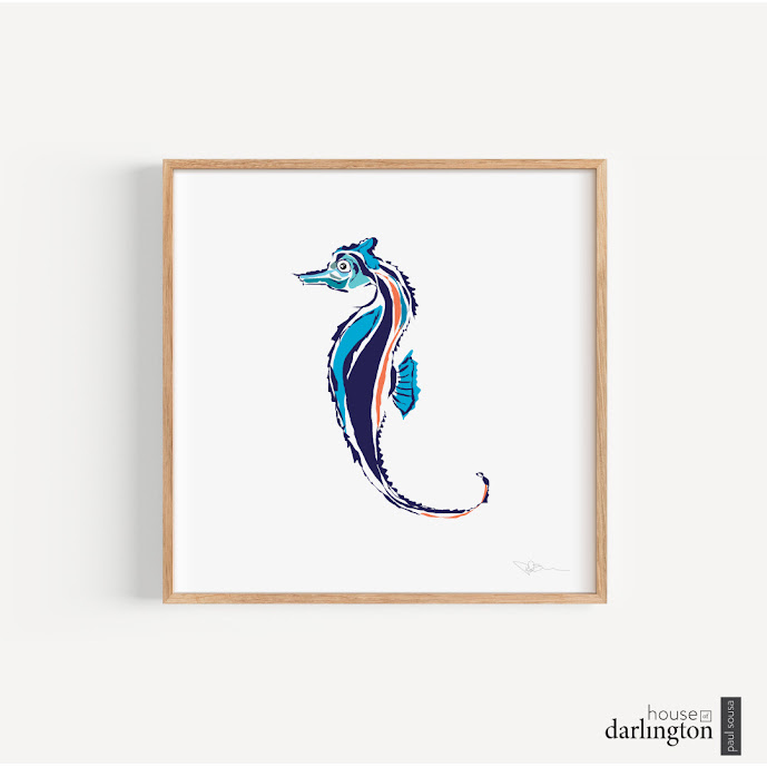 House of Darlington, Blue Seahorse Art Print, Nautical Art, Marine Life, Seahorses