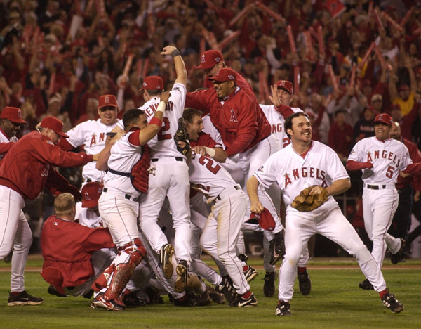 The Anaheim Angels celebrate after winning their first and only World Series title on October 27, 2002.