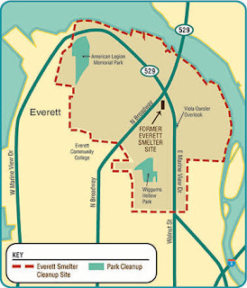 Map of Everett Smelter Plume cleanup area, with three parks labeled: American Legion, Wiggums Hollow and Viola Oursler Overlook.