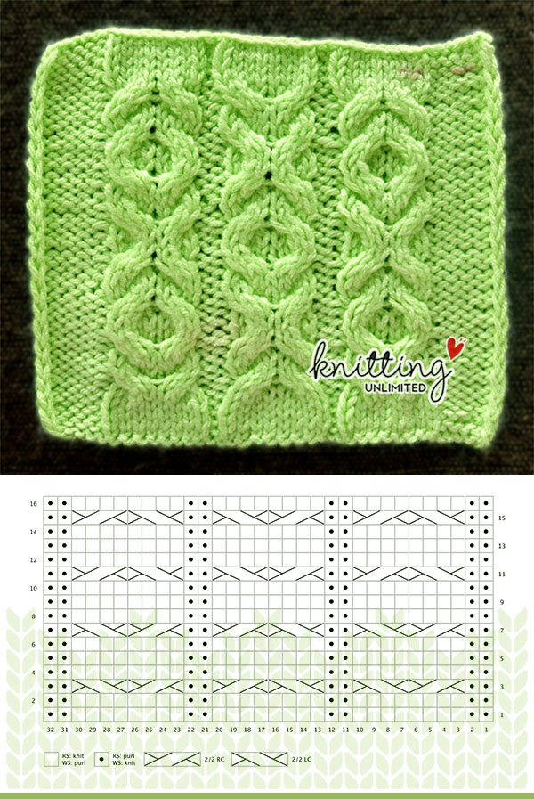 Intermediate Cable Knitting No 06. This pattern is available for FREE on Knitting Unlimited website. Including written instructions and a chart with key.