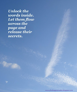 Image of a wisp of cloud shaped like a quill pen in a blue sky with text: Unlock the words inside. Let them flow across the page and release their secrets.