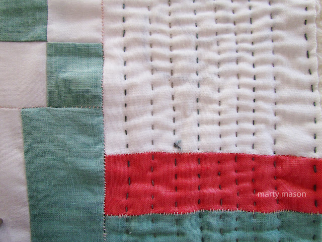 hand quilting, Jogakbo stitching and layering - slow stitching on thrift store linen  by Marty Mason 