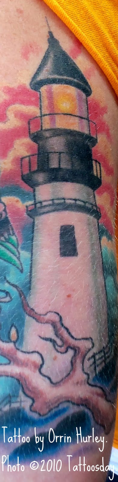 Full Back and Sleeve Tattoo The lighthouse was inspired by the Portland Head 