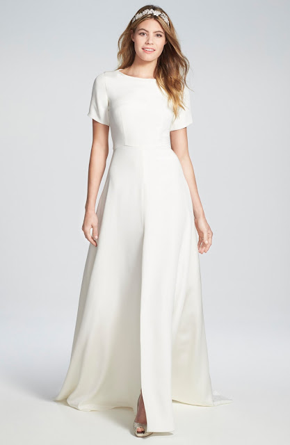 Sarah Seven 'Sullivan' Back Cutout Short Sleeve Silk Crepe Wedding Dress