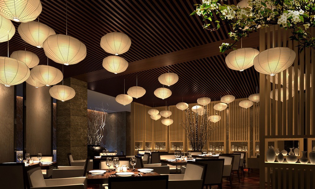 Wood wall and ceiling with bamboo lamps in restaurant 