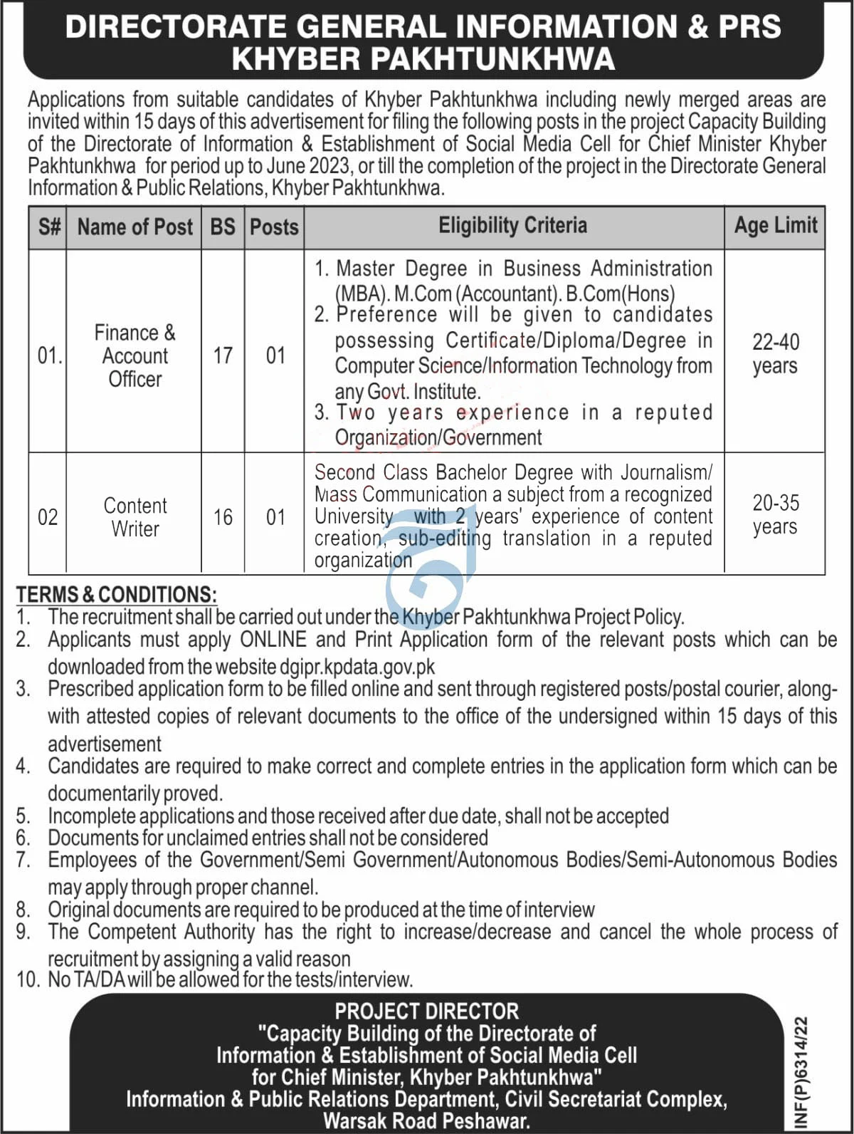 Directorate of Information & Public Relation Jobs 2022