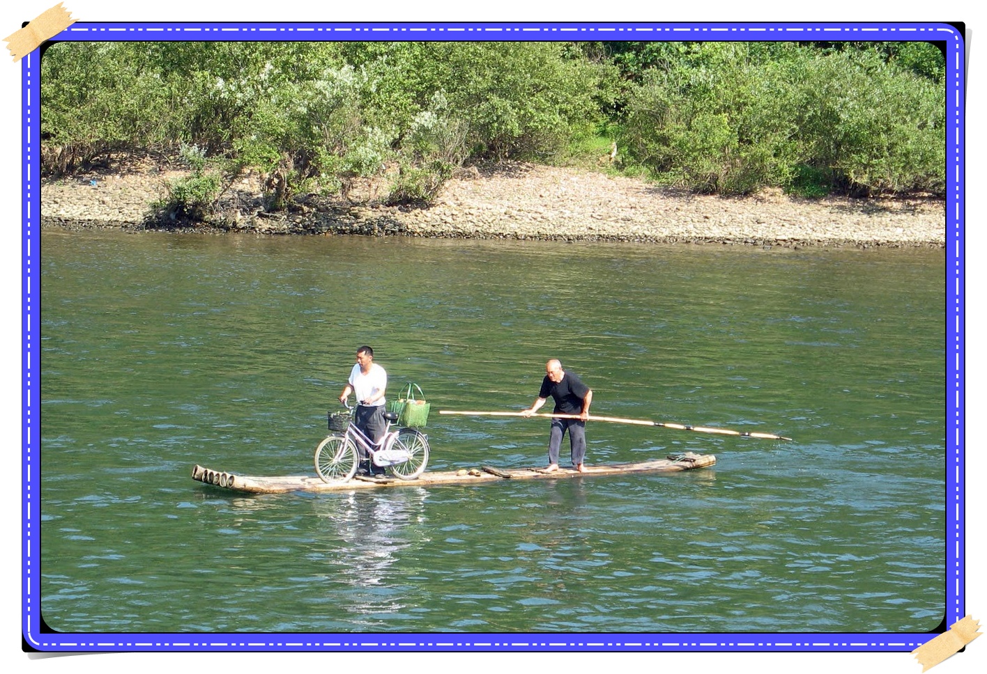 Boat made with logs of woods tied together being rowed with the help 