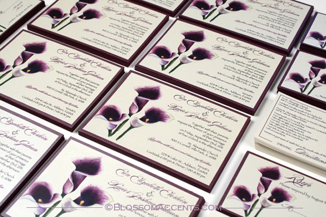 Gorgeous deep purple calla lilies presented on pearlescent ivory paper and 