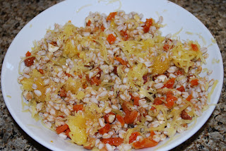 Spaghetti squash salad with faro, dried apricots, hazelnuts and ume plum vinegarette