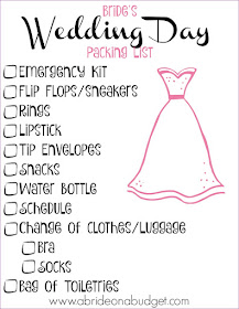 Don't forget anything on your wedding day when you print this Bride's Wedding Day Packing List from www.abrideonabudget.com. It's the perfect last-minute wedding day checklist.