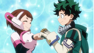 Izuku and Uraraka doing a little fist bump.