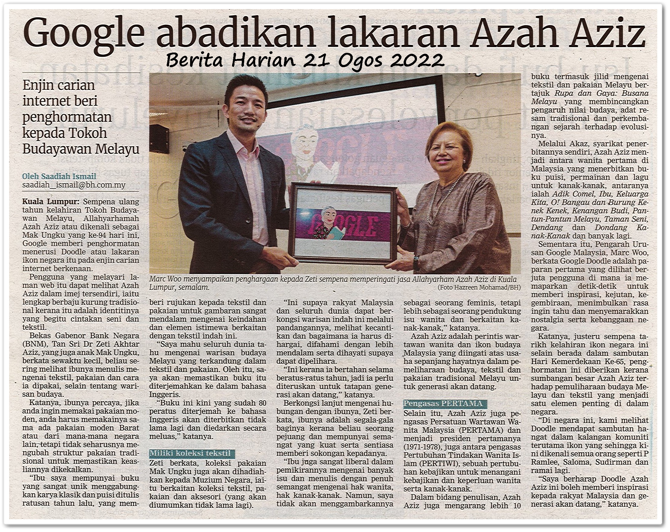 Google abadikan lakaran Azah Aziz - Keratan akhbar Berita Harian 21 Ogos 2022