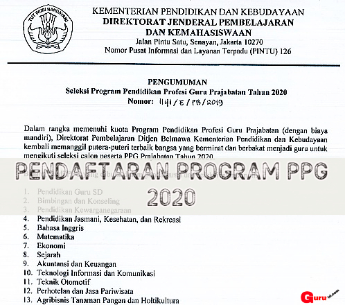 Pendaftaran Program PPG Prajabatan Tahun  Pengumuman Resmi Seleksi Program PPG Prajabatan Tahun 2020