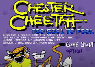 CHester Cheetah, too Cool to Fool. Game start start screen showing animal cartoon videogame 16 bit system of Cheetah and also with him wearing white sneaker shoes and purple background