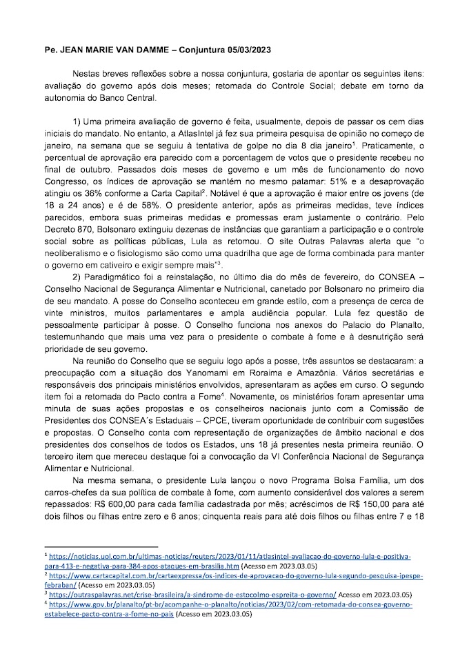 Pe. JEAN MARIE VAN DAMME – Análise de Conjuntura 05/03/2023