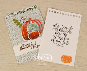 Pick a Pumpkin with Patterned Pumpkins die, Count My Blessings & Painted Harvest stamp sets also. Theses Mini Treat Bags are created with supplies all from Stampin' Up! ~ Love the ability to make these autumn, Halloween, or Thanksgiving themed! There are jack-o-lantern faces in the set also! ~ Tanya Boser for the Stamp Review Crew