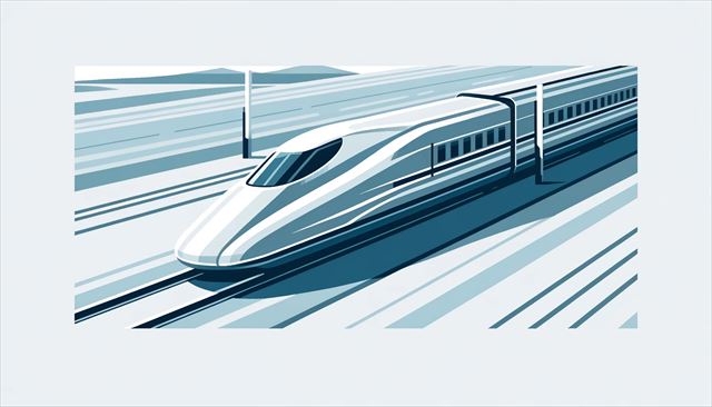 A horizontal illustration in flat design style, showcasing the modern exterior of the Tokaido Shinkansen. The train is depicted in a sleek, streamlined form, emphasizing its high-speed nature. The color scheme is metallic with shades of silver and blue accents that highlight its aerodynamic features. The background is minimalistic, possibly including subtle hints of the railway and distant landscapes to provide context. This design aims to reflect the cutting-edge technology and elegance of the Shinkansen, using flat colors and geometric shapes to convey a sense of speed and efficiency.