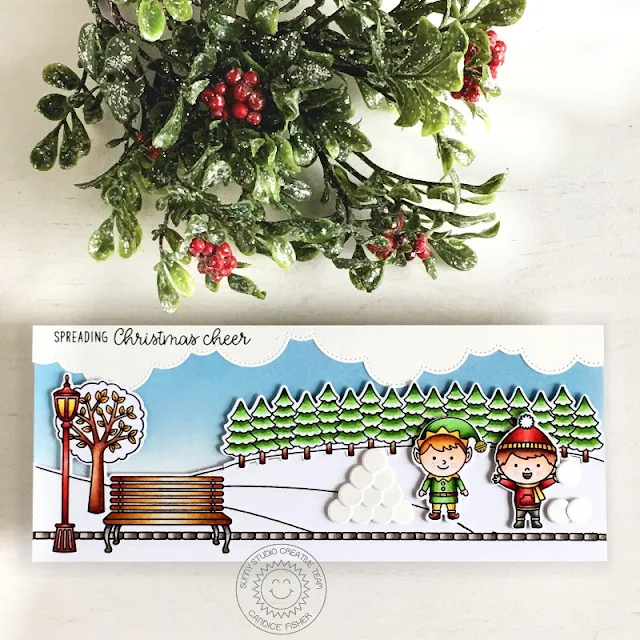 Sunny Studio Stamps: North Pole Winter Scenes Slimline Dies Spring Scenes Winter Holiday Card by Candice Fisher