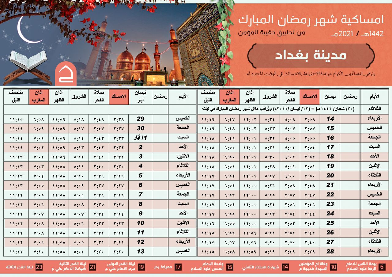 امساكية شهر رمضان لجميع المحافظات العراقية 2021 / 1442ه‍