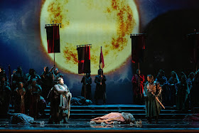 IN REVIEW: tenor JONATHAN KAUFMAN as Malcolm (left), baritone MARK RUCKER as Macbeth (center), and tenor GIANLUCA SCIAPELLETTI as Macduff (right) in Opera Carolina's November 2019 production of Giuseppe Verdi's MACBETH [Photograph by Mitchell Kearney, © by Opera Carolina]