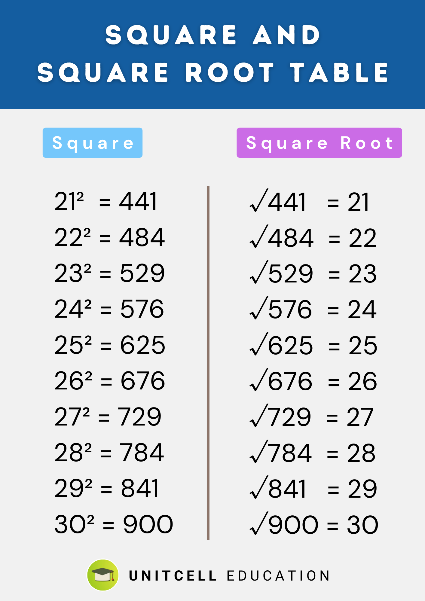 Square and square root table from 21 to 30. printable sheets for students.