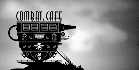 Nilean combat cafe shaped like a cup and armed with a gatling gun in a battlefield wasteland