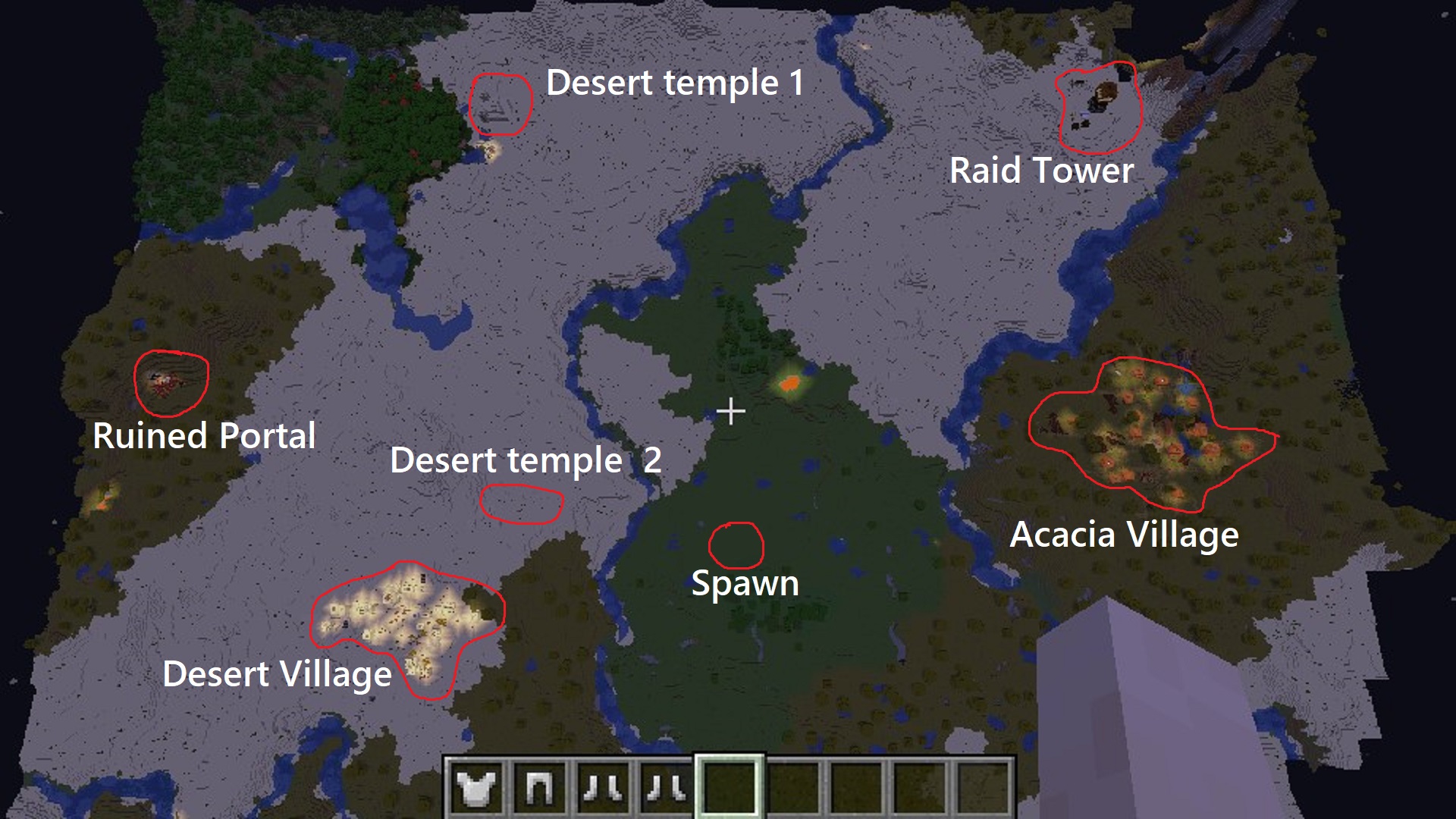 4 Villages with 2 desert Temples and raid tower with a Skeleton spawner near spawn.