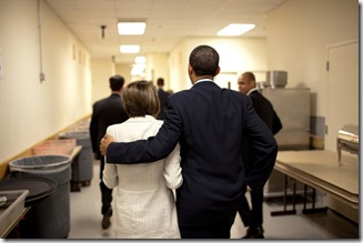 President Barack Obama walks with Speaker of the House  Nancy Pelosi backstage at a Democratic fundraiser in Washington, D.C., June 18, 2009. (Official White House Photo by Lawrence Jackson)

This official White House photograph is being made available for publication by news organizations and/or for personal use printing by the subject(s) of the photograph. The photograph may not be manipulated in any way or used in materials, advertisements, products, or promotions that in any way suggest approval or endorsement of the President, the First Family, or the White House. 