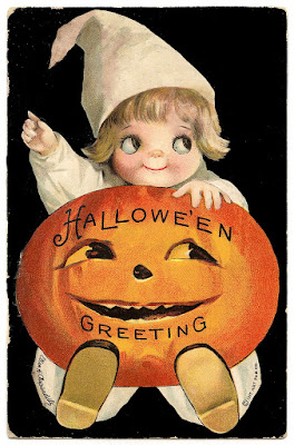 Vintage, colored art of child holding a jack-o-lantern which reads Halloween Greetings