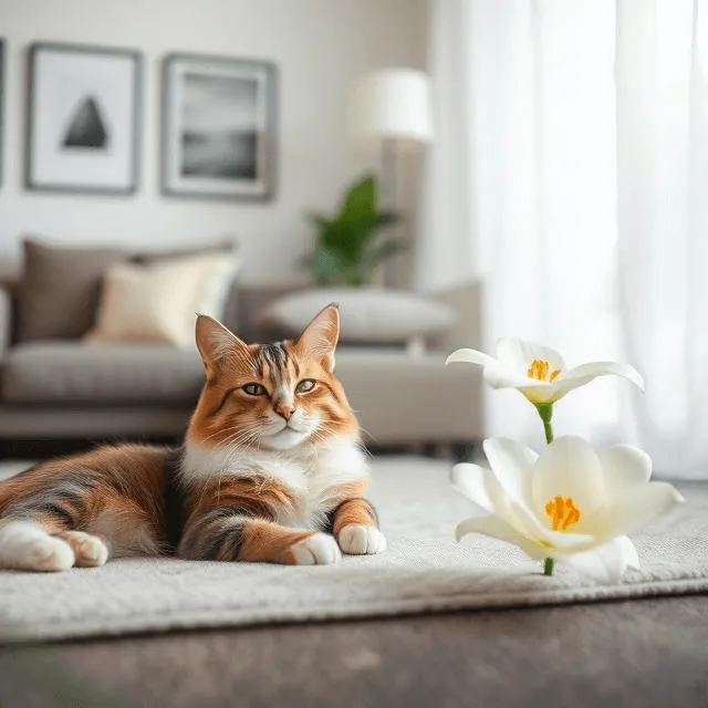 A relaxed cat near a peace lily in a stylish living room