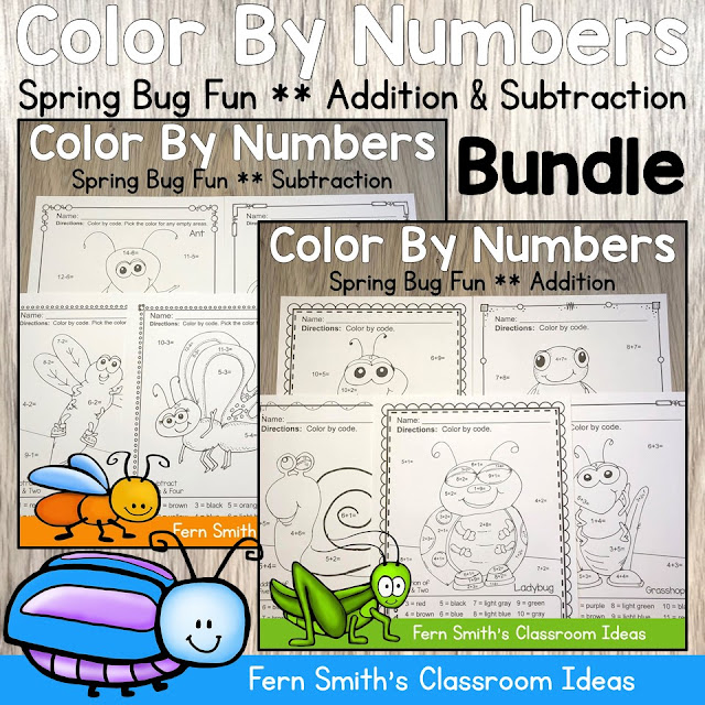 Looking For Some New Spring Addition and Subtraction Color By Numbers for Your Class? Color By Numbers Spring Bug Fun Addition and Subtraction Bundle. TEN Color By Numbers Addition and Subtraction Spring Bug Fun with Numbers - Color By Numbers Printables for some Spring Math Fun in your kindergarten or first grade classroom! #FernSmithsClassroomIdeas