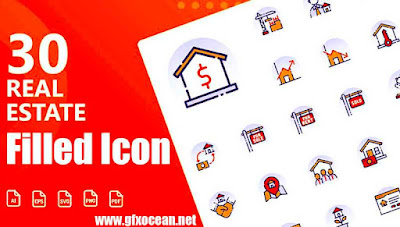 30 Real Estate Filled Icon All  Files Format (AI, EPS, Jpg, PDF, PNG, SVG): Looking for a real estate icon who can meet all of your requirements? Look no further than this set of 30 filled icons in a variety of formats. This collection includes files in AI, EPS, JPG, PDF, PNG, and SVG formats. Furthermore, the sleek and modern designs will add a touch of refinement to any project.