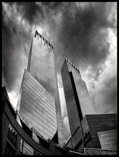 Black and white photo of Skyscrapers at Columbus Circle in New York City