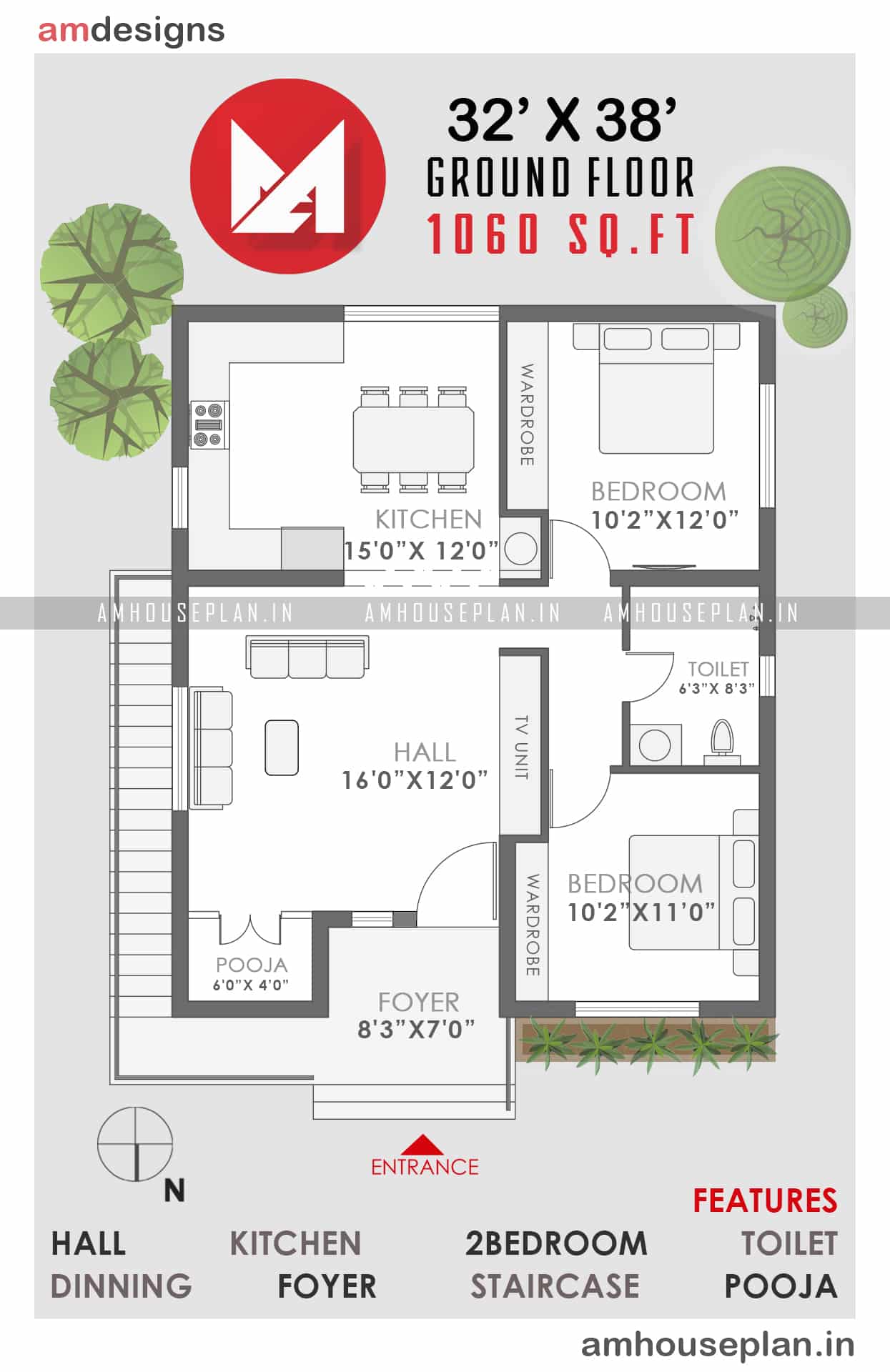 32 X 38 SIZE SMALL VILLAGE HOUSE PLAN