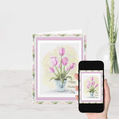 Picture shows pink tulip design on a physical card and its digital alternative on a phone
