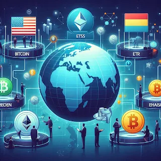 Ilustrasi global investor yang mengakses ETF kripto di berbagai zona pasar: simbol Bitcoin, Ethereum, globe dengan jaringan bursa Amerika, Eropa, dan Asia