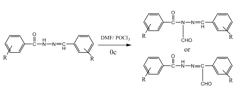 5 -تتفاعل الهيدرازونات مع (DMF ) عند وجود وPOCI  وذلك لتعويض مجموعة فورمايل على ذرة الكاربون أو ذرة النيتروجين مجموعة الهيدرازون
