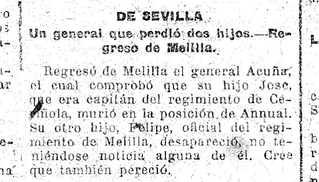 Noticia confirmando la muerte de dos  hijos de Felipe de Acuña Robles en el Rif