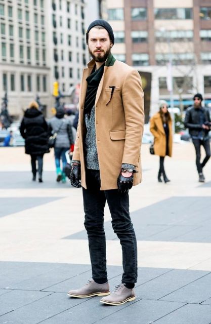 ミラロンドンスクラップbook メンズ コート キャメル色 ベージュ ジャケット の着こなし コーデ 45スタイル