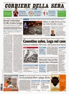 Corriere della Sera del 13 Gennaio 2012 | ISSN 1120-4982 | TRUE PDF | Quotidiano | Cronaca | Politica
Il Corriere della Sera è uno storico quotidiano italiano, primo per diffusione, con 445.000 copie di media giornaliera nel luglio 2012. Ha sede a Milano ed è pubblicato da RCS MediaGroup.
Il Corriere della Sera nacque nel febbraio del 1876 quando Eugenio Torelli Viollier, direttore de La Lombardia, e Riccardo Pavesi, editore della medesima, decisero di fondare un nuovo giornale.