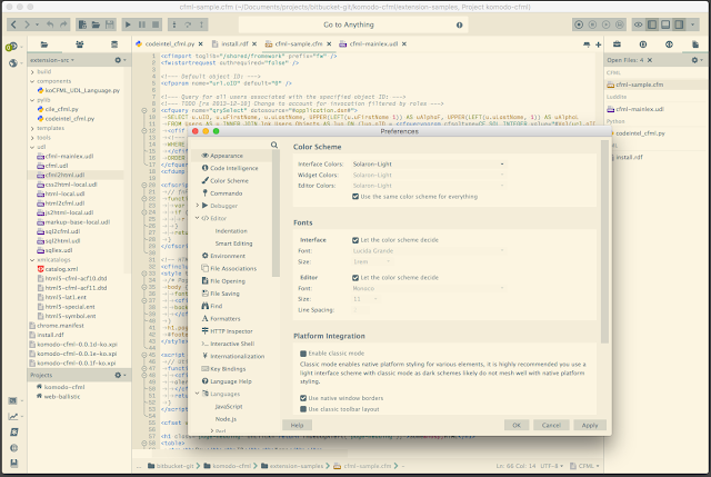 Screenshot showing Komodo IDE using updated Solaron-Light color schem