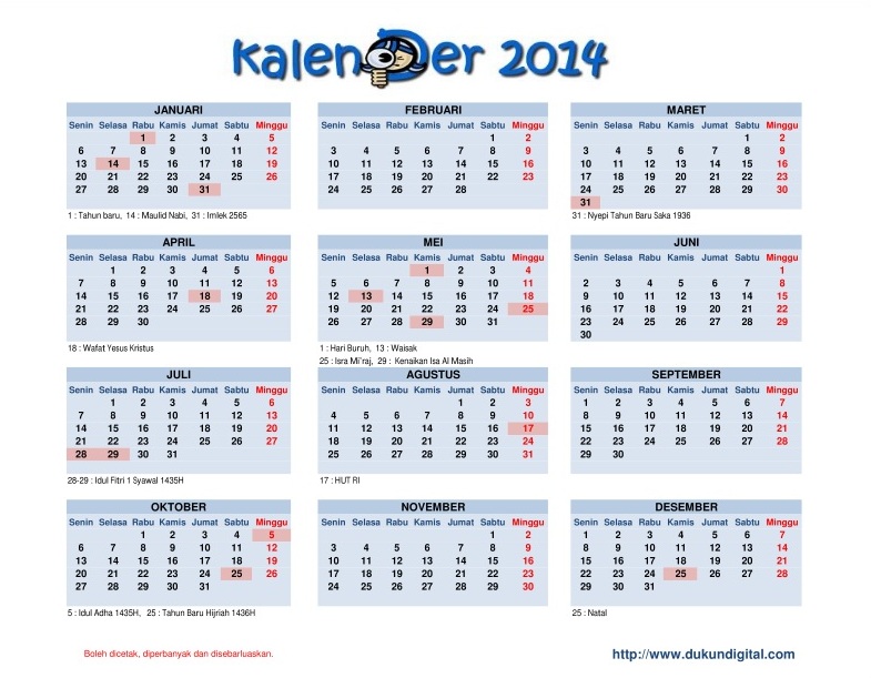 Kalender Nasional 2014 Lengkap Dengan Hari Libur  Dukun 