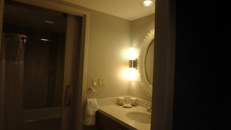 A view of a nice bathroom vanity. The shower is reflected in the door.