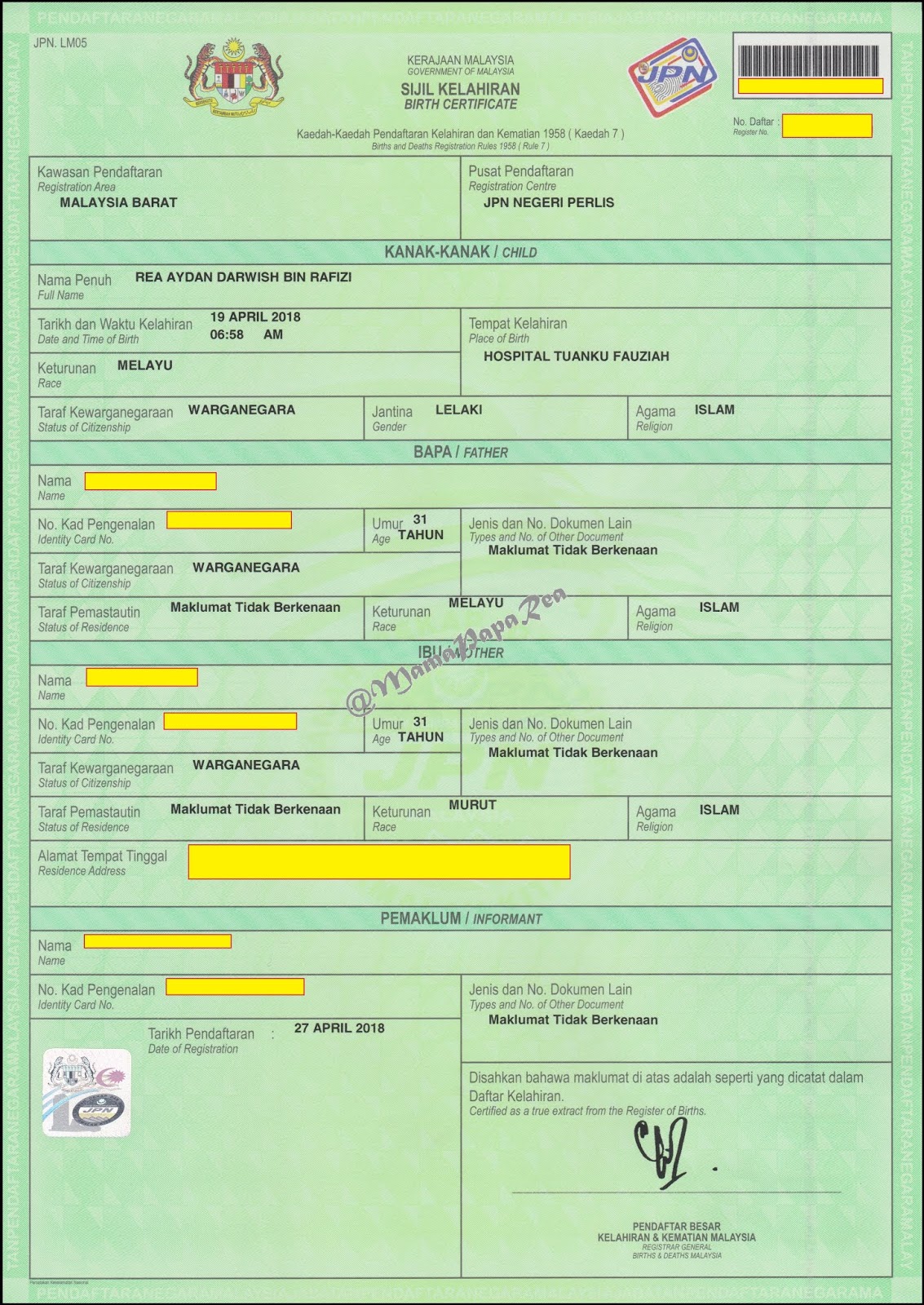 Contoh No Surat Beranak - Carles Pen