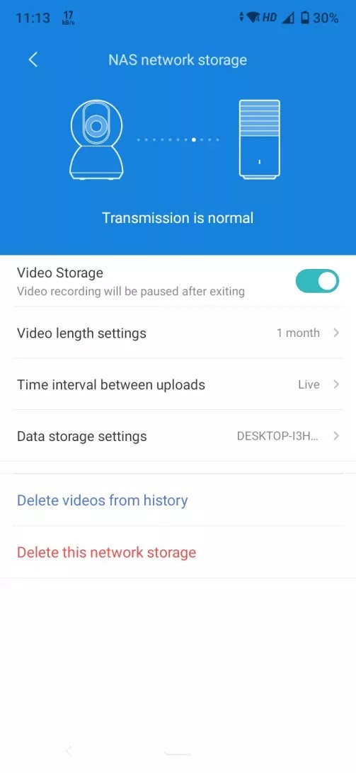 mi camera transmission status for nas network