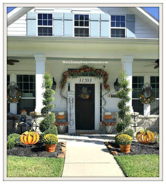 Fall -Porch-Suburban-Farmhouse-white-mums-pumpkins-spiral shrubs-From My Front Porch To Yours